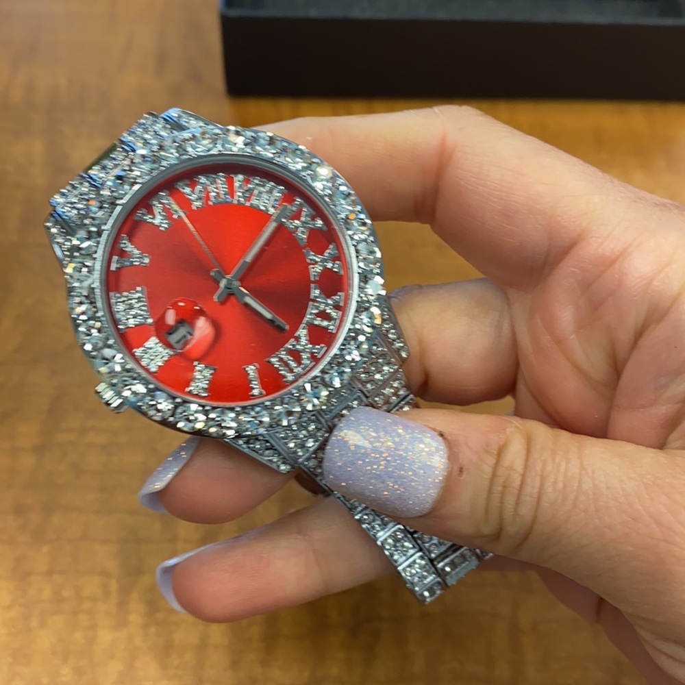 Brand new red diamond faux watch stainless steel . Unisex fro men and women